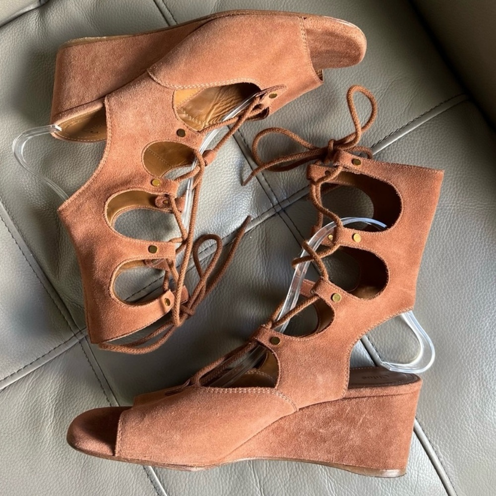 CHLOE Sandals Sz 40 US 10 Lace Up Italian Suede Gladiator Wedge Chillier Brown - Picture 13 of 14